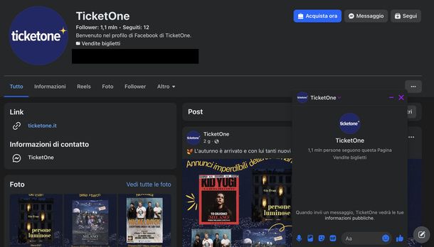 Contattare TicketOne messaggio Facebook