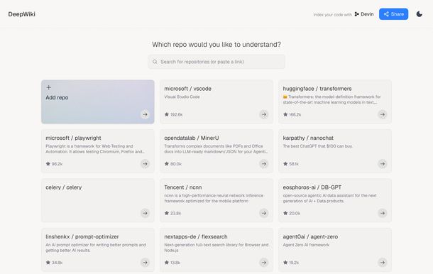 Cercare repository DeepWiki