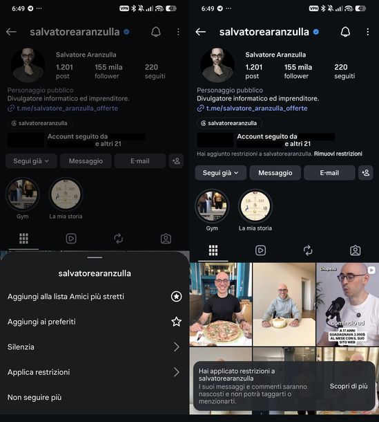 Applicare restrizioni profilo Instagram Android