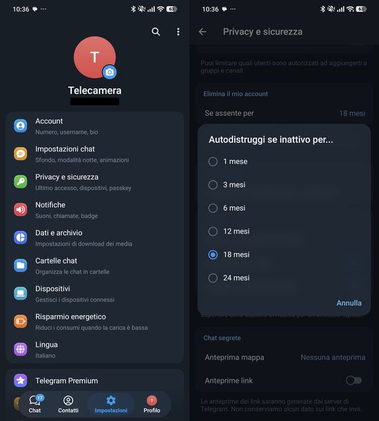 Programmare eliminazione account Telegram Android