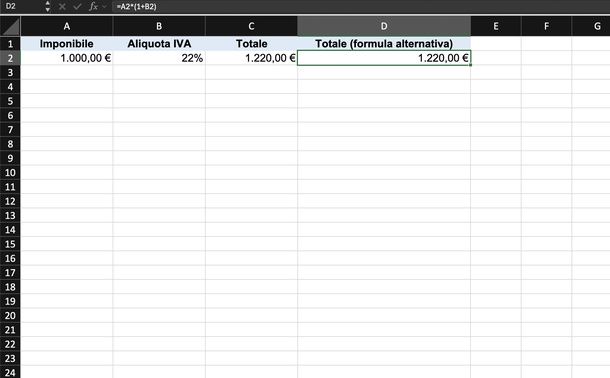 Aggiungere IVA all'imponibile Excel