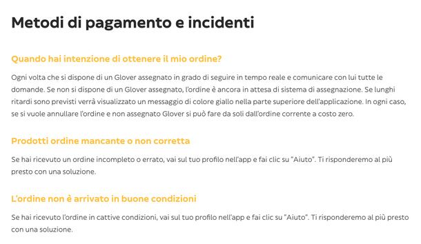 Consultare FAQ sito Glovo