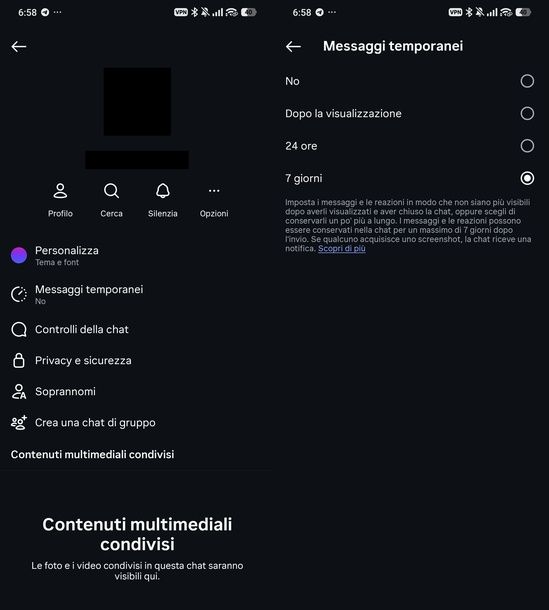 Attivare messaggi temporanei Instagram Android