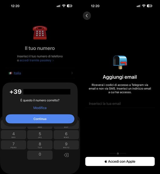 Registrarsi a Telegram con numero ed email su iPhone