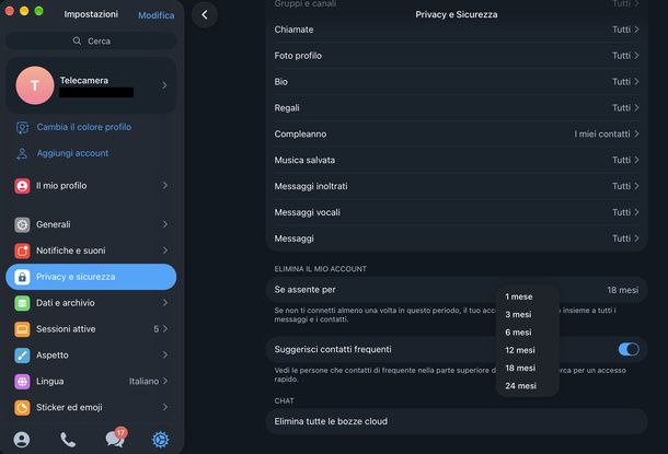 Programmare eliminazione account Telegram macOS