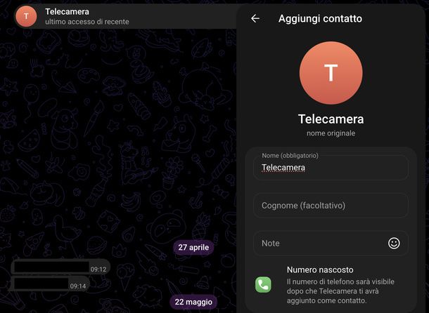 Numero nascosto Telegram Web