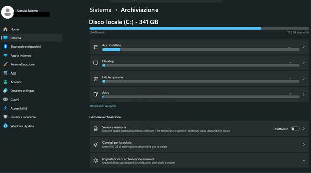 Attivare Sensore memoria Windows
