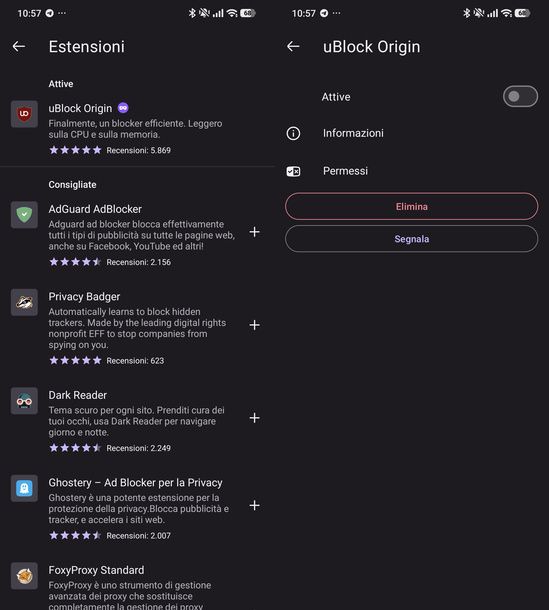Disattivare estensione adblock Firefox Android