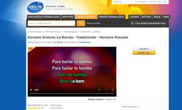 sito Versione Karaoke sezione brani strumentali gratis