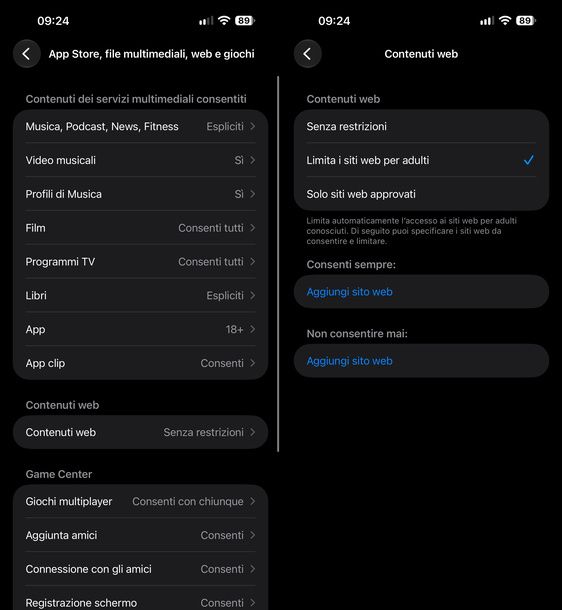 Limitare siti Web per adulti iPhone