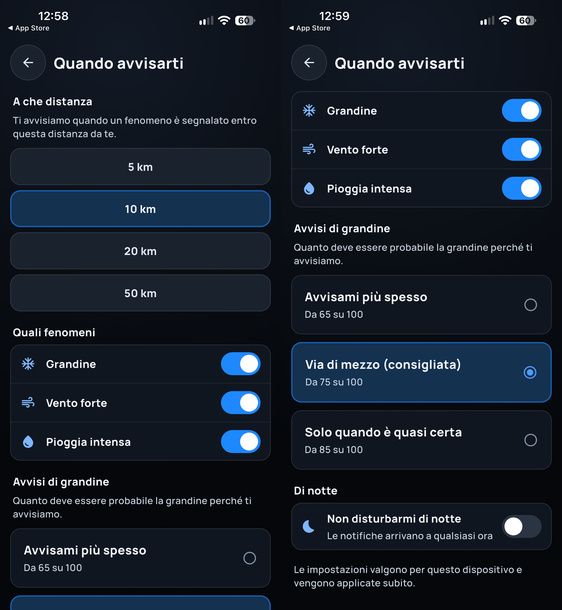 Impostare avvisi grandine Grandinometro iPhone