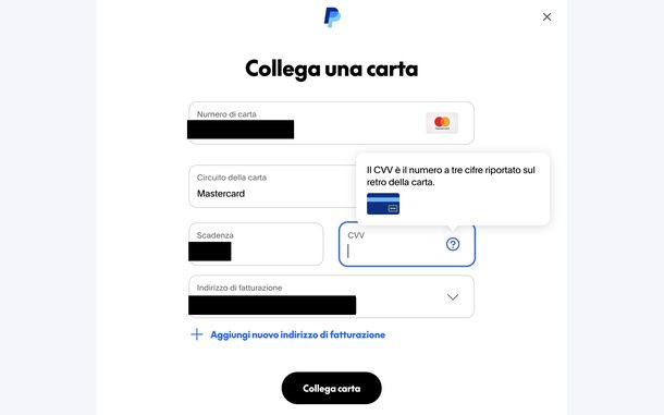 Compilare modulo Collega una carta PayPal PC