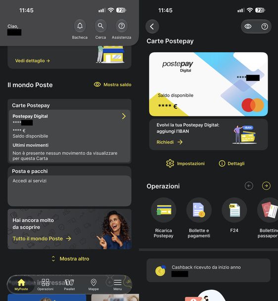 Aprire impostazioni carta Postepay smartphone