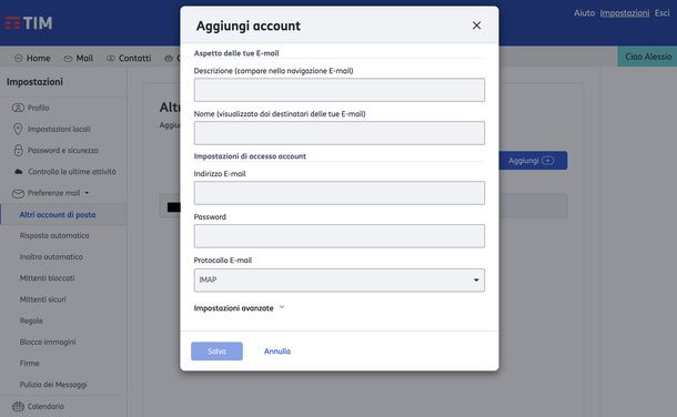 Aggiungere altro account TIM Mail
