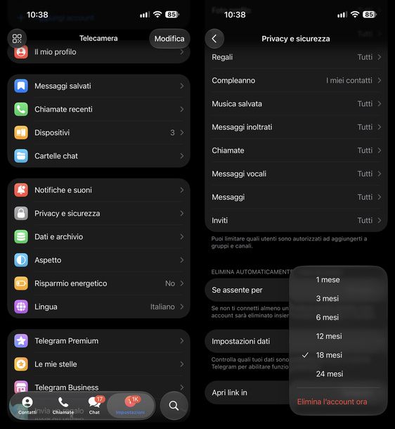 Programmare eliminazione account Telegram iPhone