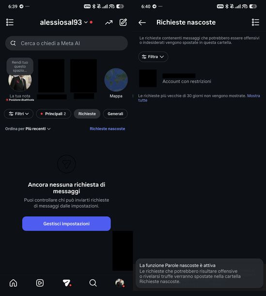Ritrovare chat Richieste nascoste Instagram Android
