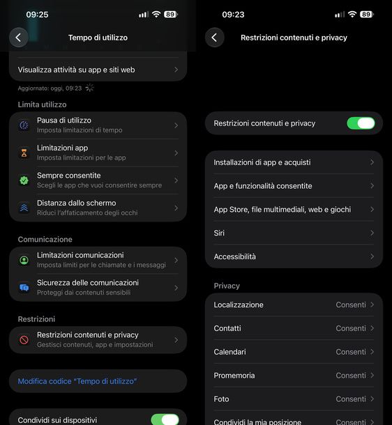 Attivare restrizioni contenuti e privacy iPhone