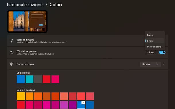 Cambiare modalità e colori Windows 11