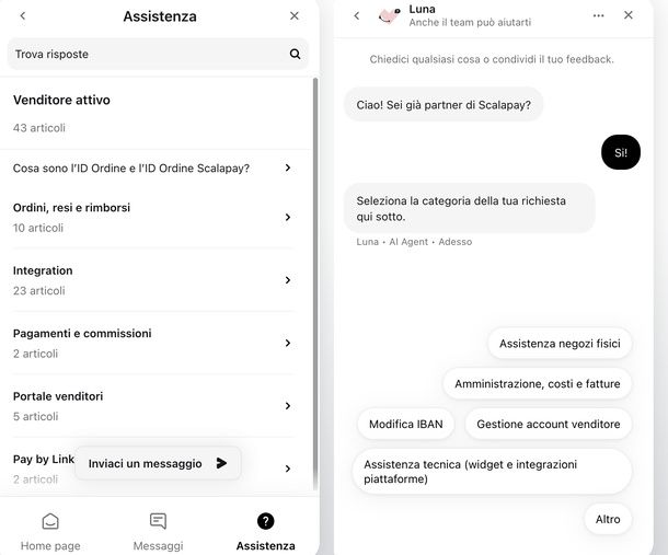 Chat Luna venditori Scalapay