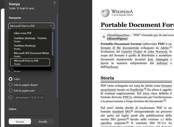 Scegliere stampante Microsoft Print to PDF Windows