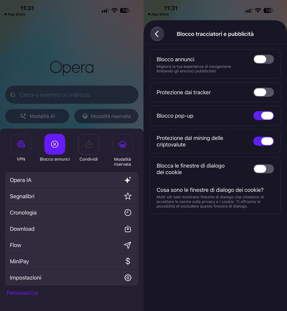 Disattivare blocco annunci Opera iPhone