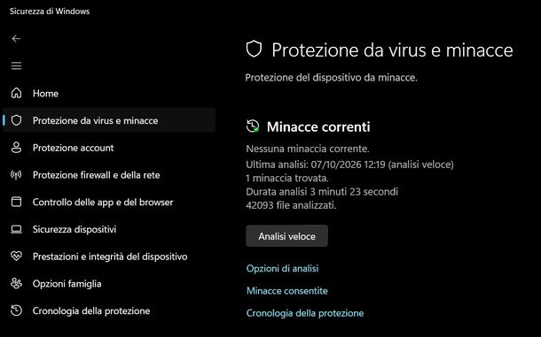 Protezione da virus e minacce Microsoft Defender Windows