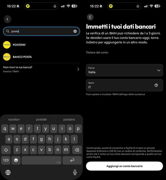 Collegare Postepay Evolution come conto bancario PayPal smartphone