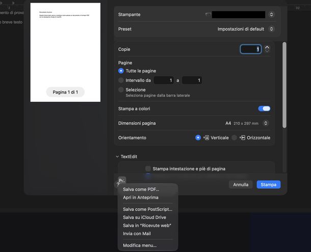 Salvare come PDF dalla finestra di stampa Mac
