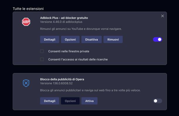 Disattivare Adblock Plus estensioni Opera computer