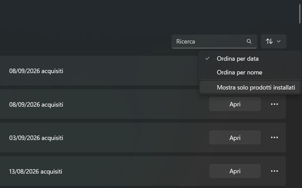 Mostrare solo prodotti installati Microsoft Store Windows