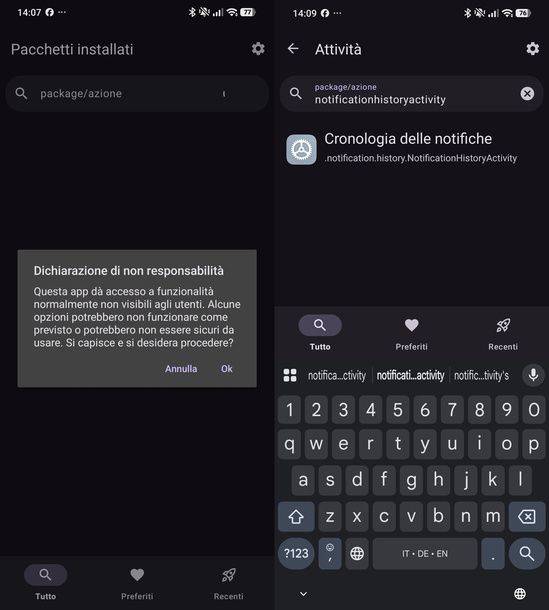 Cercare cronologia notifiche Activity Launcher Android