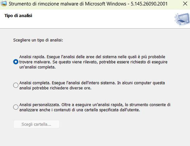 Tipo di analisi Strumento di rimozione malware Windows