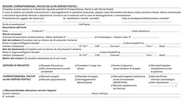 Sezione pacchi lettera reclamo Poste Italiane