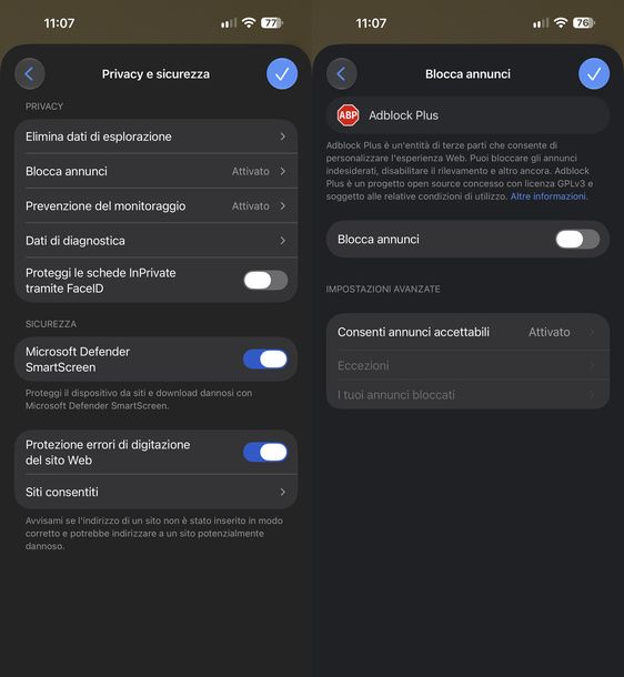 Disattivare blocco annunci Microsoft Edge iPhone