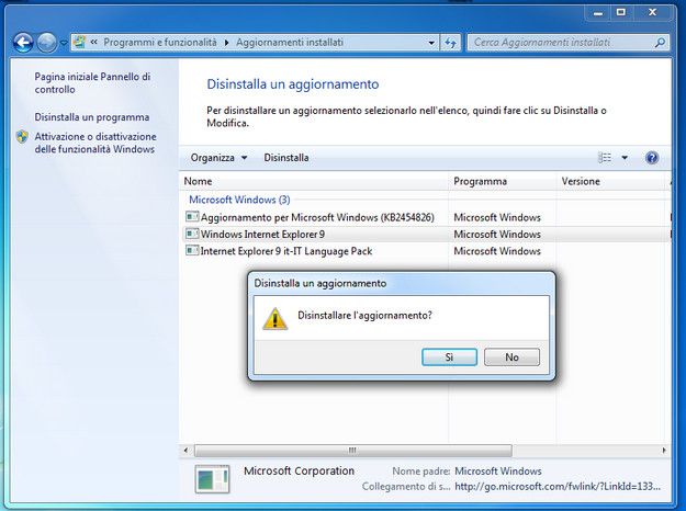 Disinstallazione Internet Explorer