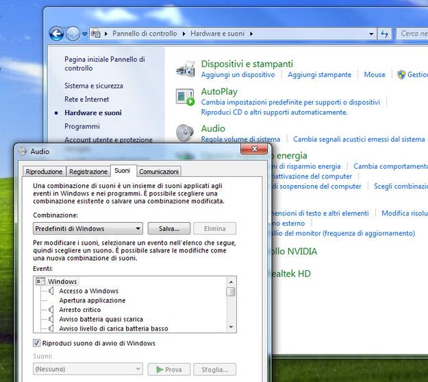 Modifica suoni di sistema su Windows 7